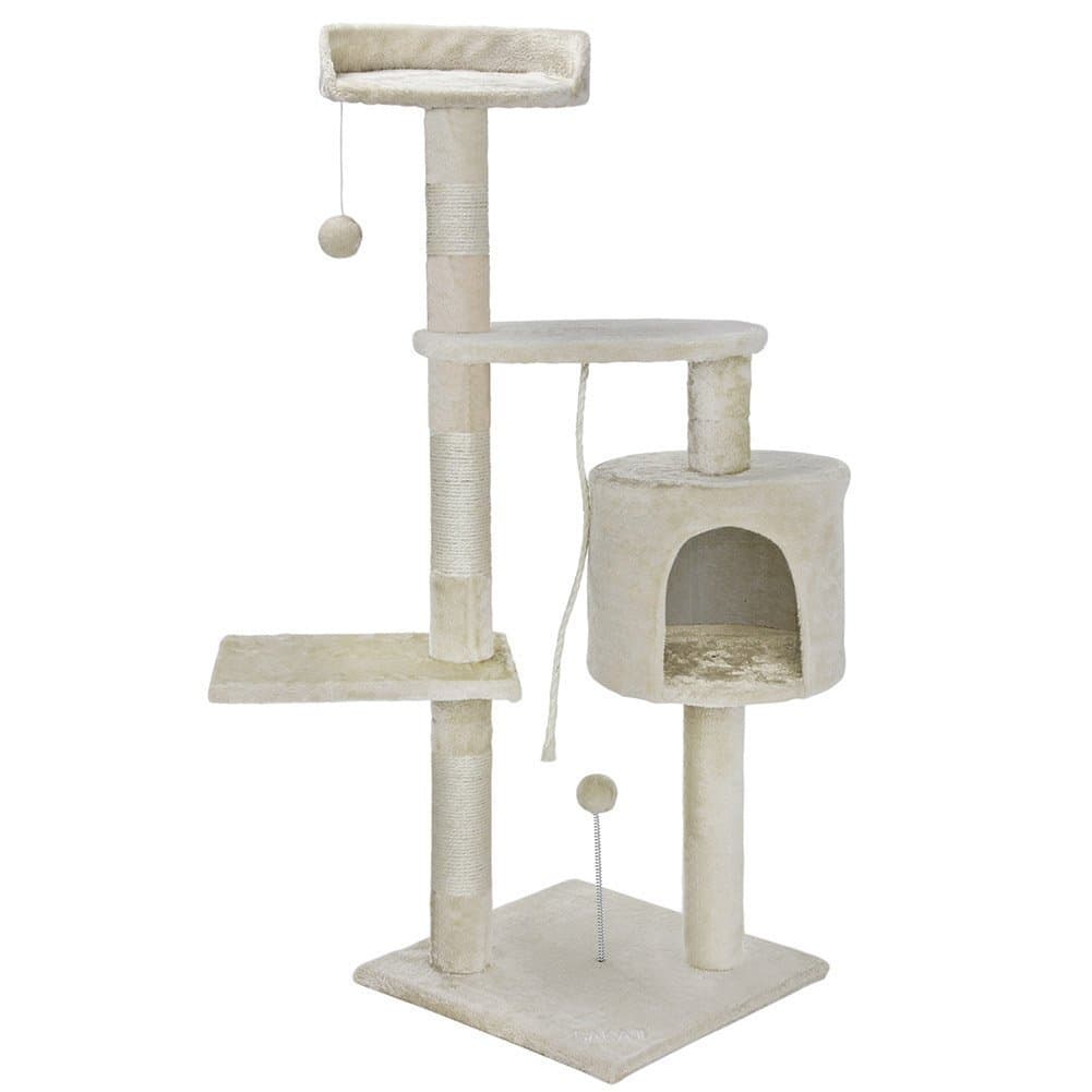 BAKAJI Tree Scratching post for Cats in Sisal and Soft Toys Playground Cat with Bed Scratches Poles and 3 Platforms Size 112 x 67 x 55 cm Color Cream