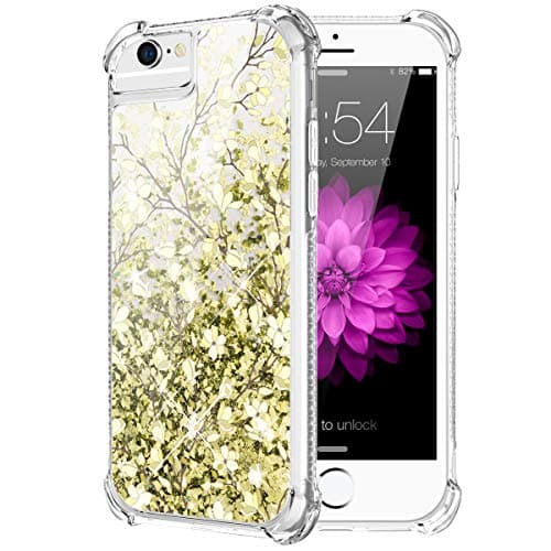 Caka iPhone 6S Plus Case, Flowing Floral Liquid Floating Luxury Bling Glitter Sparkle Soft TPU Yellow Vine Case for iPhone 6 Plus 6S Plus 7 Plus 8 Plus (5.5 inch) (Olive Green)