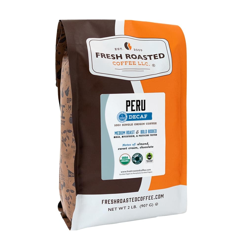 Fresh Roasted Coffee, USDA Organic Peru Water-Processed Decaf | 3rd Party Tested for Pesticides, Mold, Mycotoxins, Kosher | 100% Arabica, Specialty Grade, Med Roast 2 lb (32 oz) Whole Bean