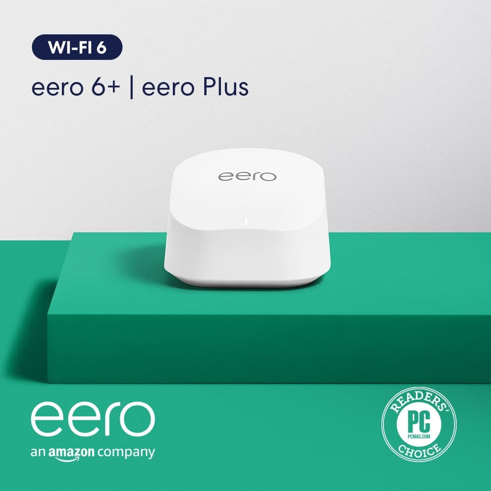 Amazon eero 6+ mesh wifi router with 1 month free eero Plus (auto-renews) - Coverage up to 1,500 sq. ft., Connect 75+ devices, 1-pack