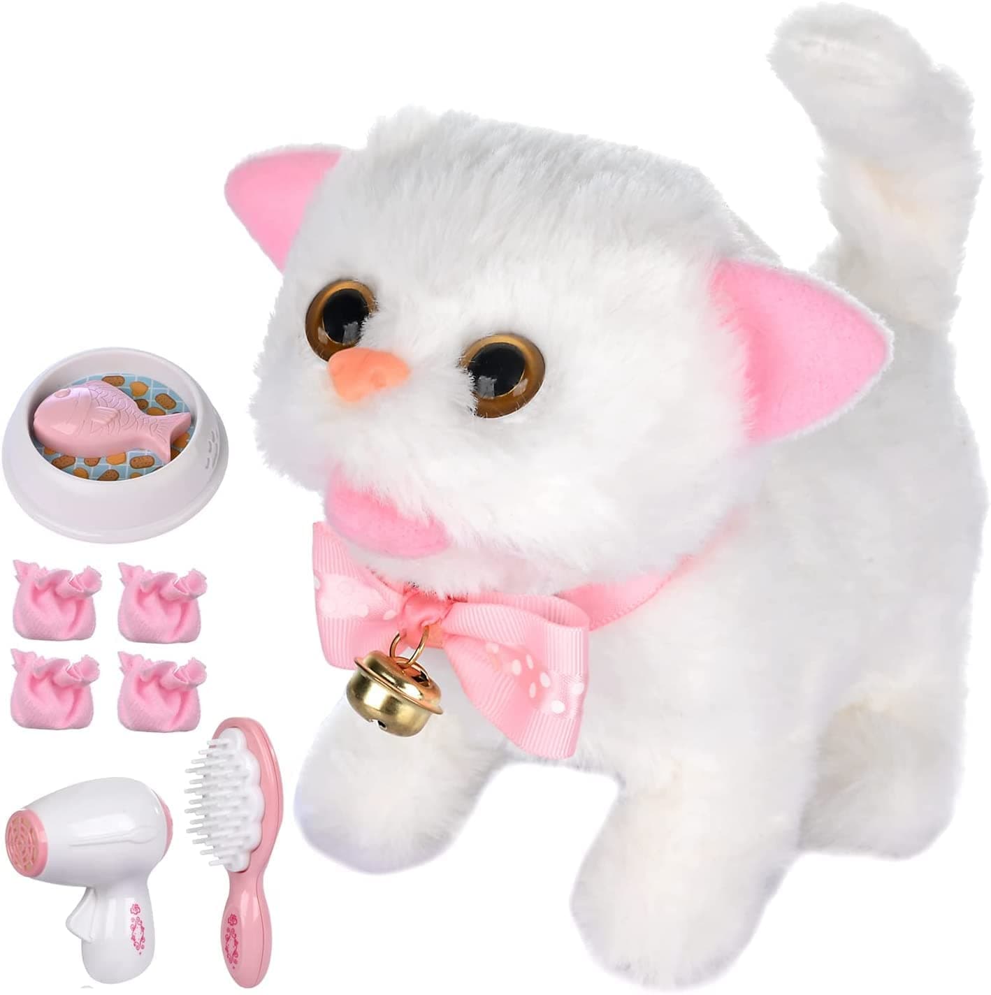 WorWoder Electronic Plush Interactive Cats for Kids That Move and Meow Walking Lifelike Interactive Toy Robot Kitten Pet Cute Stuffed Kitten for Girls Kids (White)