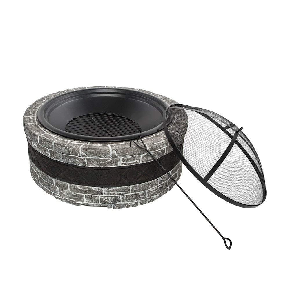 Cast Stone Wood Burning Fire Pit 35" Diameter Steel Base w/ 26" Mesh Screen Spark Protector w/Lift Hook, Large Heat Resistant Fire Bowl, Appealing Simulated Stone Base (Dark Gray)
