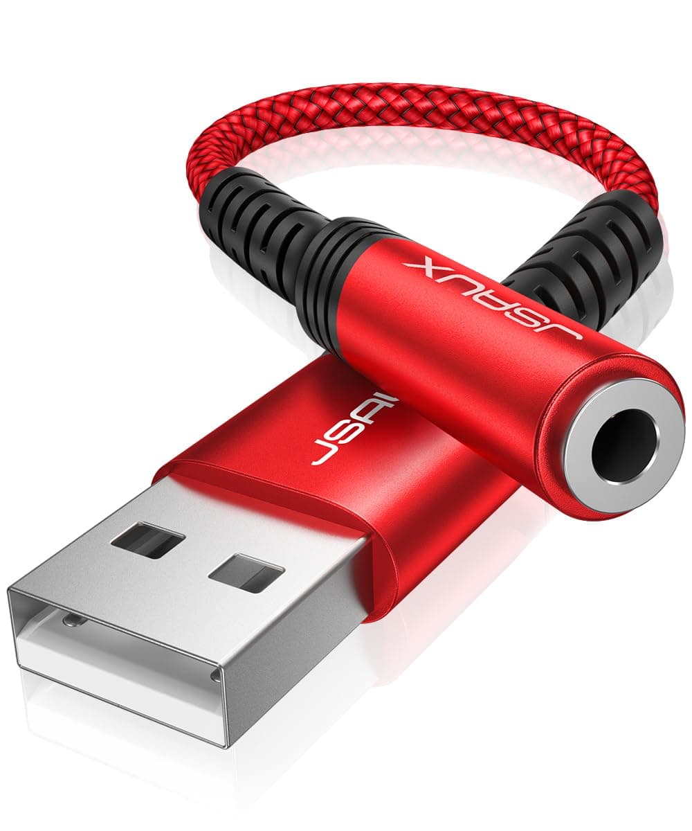 USB to 3.5mm Jack Audio Adapter, TRRS 4-pole Stereo External USB Sound Card Aux Headset Microphone Converter with DAC Chip Compatible with Headphone Mac PS4 PC Laptop Desktops -Red