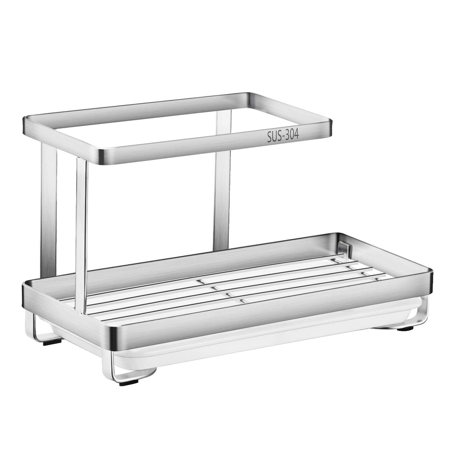 Kitchen Sink Caddy Organizer with Drain Pan Sponge Soap Brush Holder SUS304 Stainless Steel (Silver)