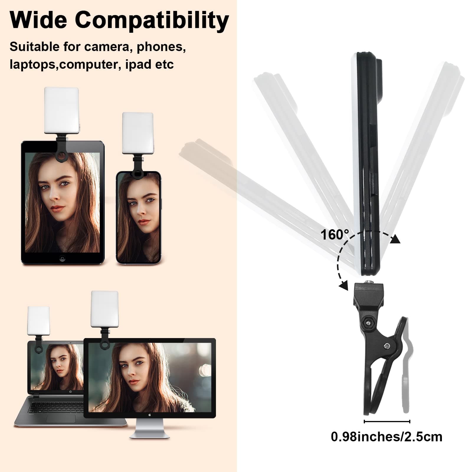Selfie Light, 10-Level Brightness Adjustable Clip-on Video Light - 3 Modes, Portable, Rechargeable