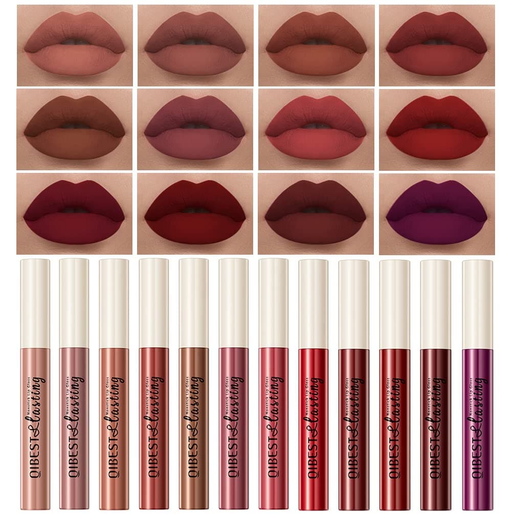 QiBest 12Pcs Matte Liquid Lipstick Set for Girls & Women, 24 Hours Long Lasting Waterproof Nude & Dark Red Lip Gloss Makeup Gift Kits, Velvet Non-Stick Cup Mate Duracion 24 Horas Originales Lip Stains