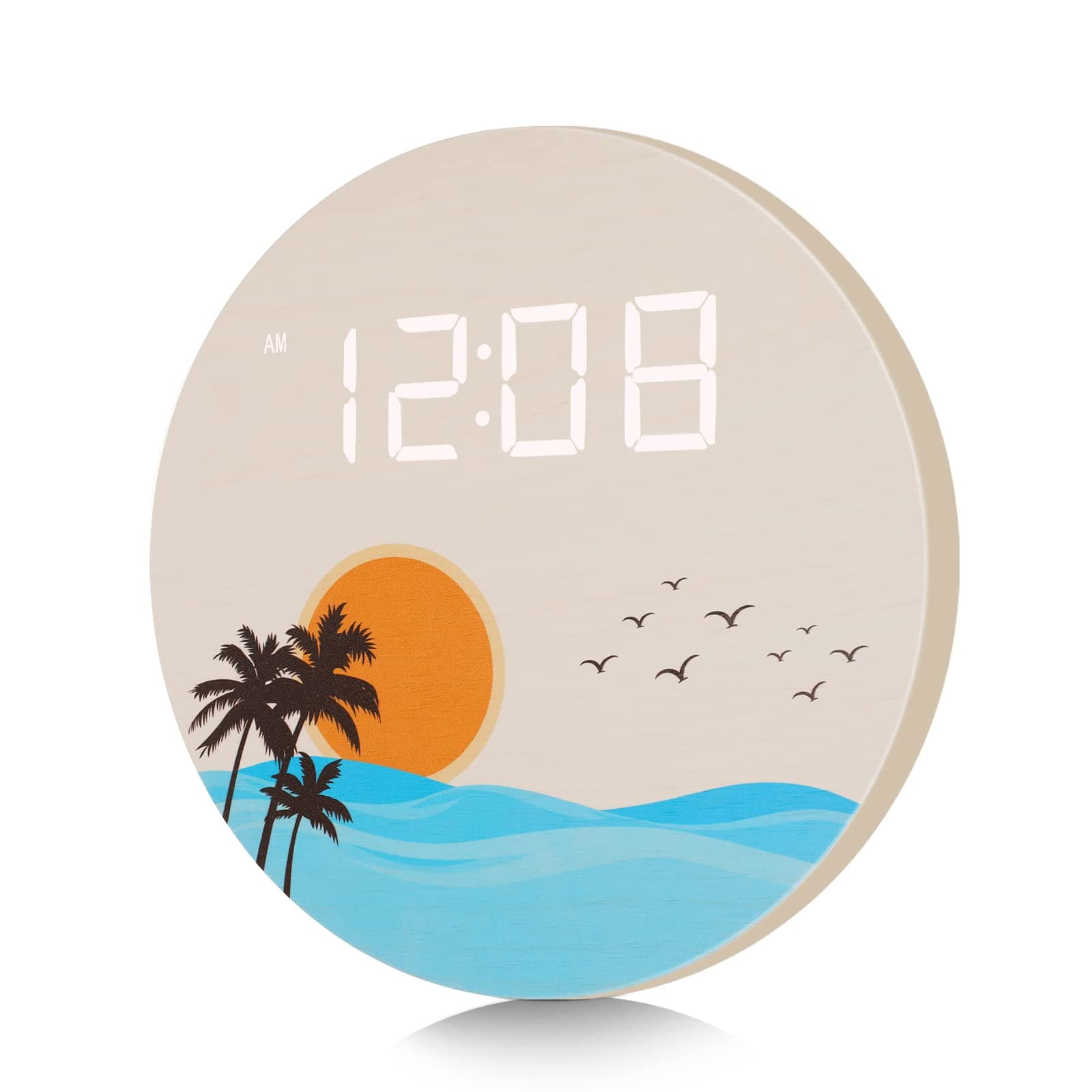 LED Digital Wall Clock with Digits Auto Dimming, 12/24Hr Format USB Powered Sunset Wave Design, Silent Wooden Wall Clock for Kitchen Living Room Bedroom Classroom Office (10 in Off White)