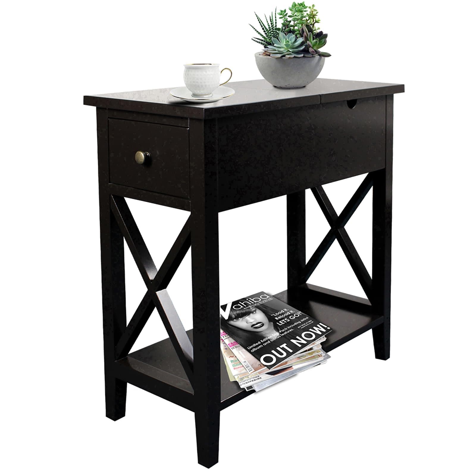 ChooChoo End Table, MDF Material Flip Top Narrow End Table with Drawer, Accent Small Side Table Nightstand for Living Room, Bedroom, and Small Spaces - Black