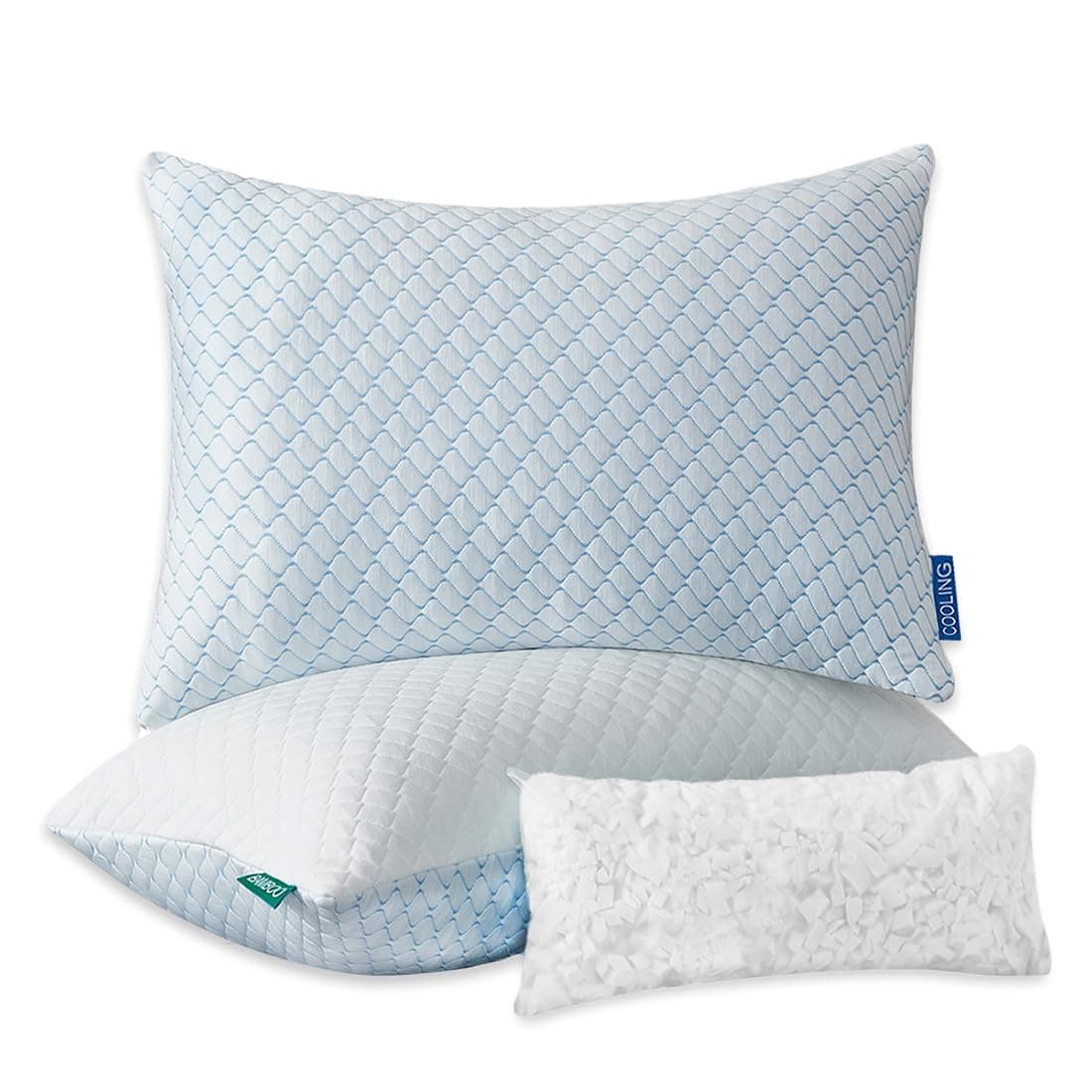 Uniqwamer Cooling Bed Pillows for Sleeping 2 Pack Shredded Memory Foam Adjustable Pillows Standard Size Set of 2 for Side Back Sleepers - Luxury Extra Comfy Gel Pillows with Washable Removable CoverOEKO-TEX STANDARD 100