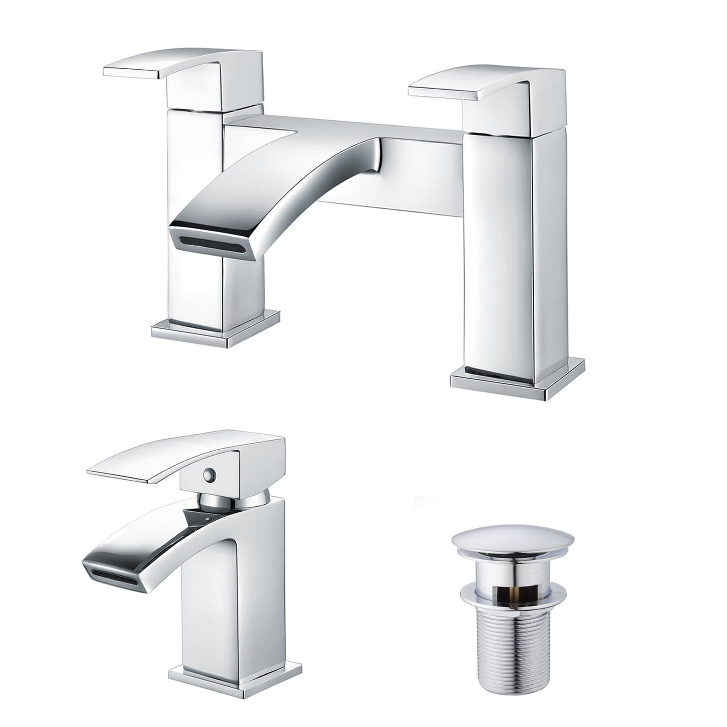 Celala Square Basin Taps and Bath Taps Set Waterfall + Pop up Waste Chrome Brass Bathroom Sink Mixer Taps