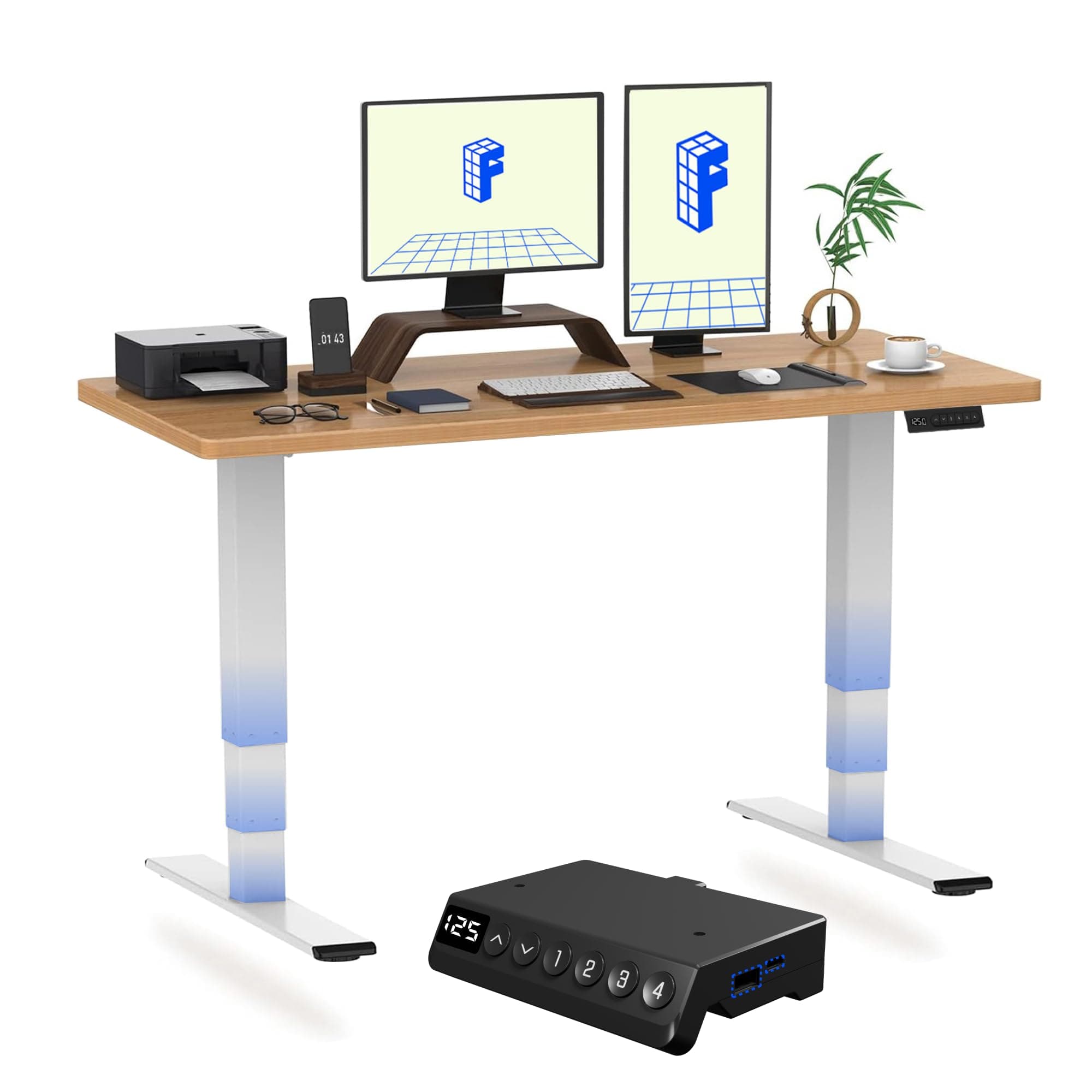 E6 MAX ONE PIECE Electric Standing Desk with USB Dual Motors 3 Stage Height Adjustable Sit Stand Up with Memory Smart Panel(White Frame+120x60cm Maple Top)