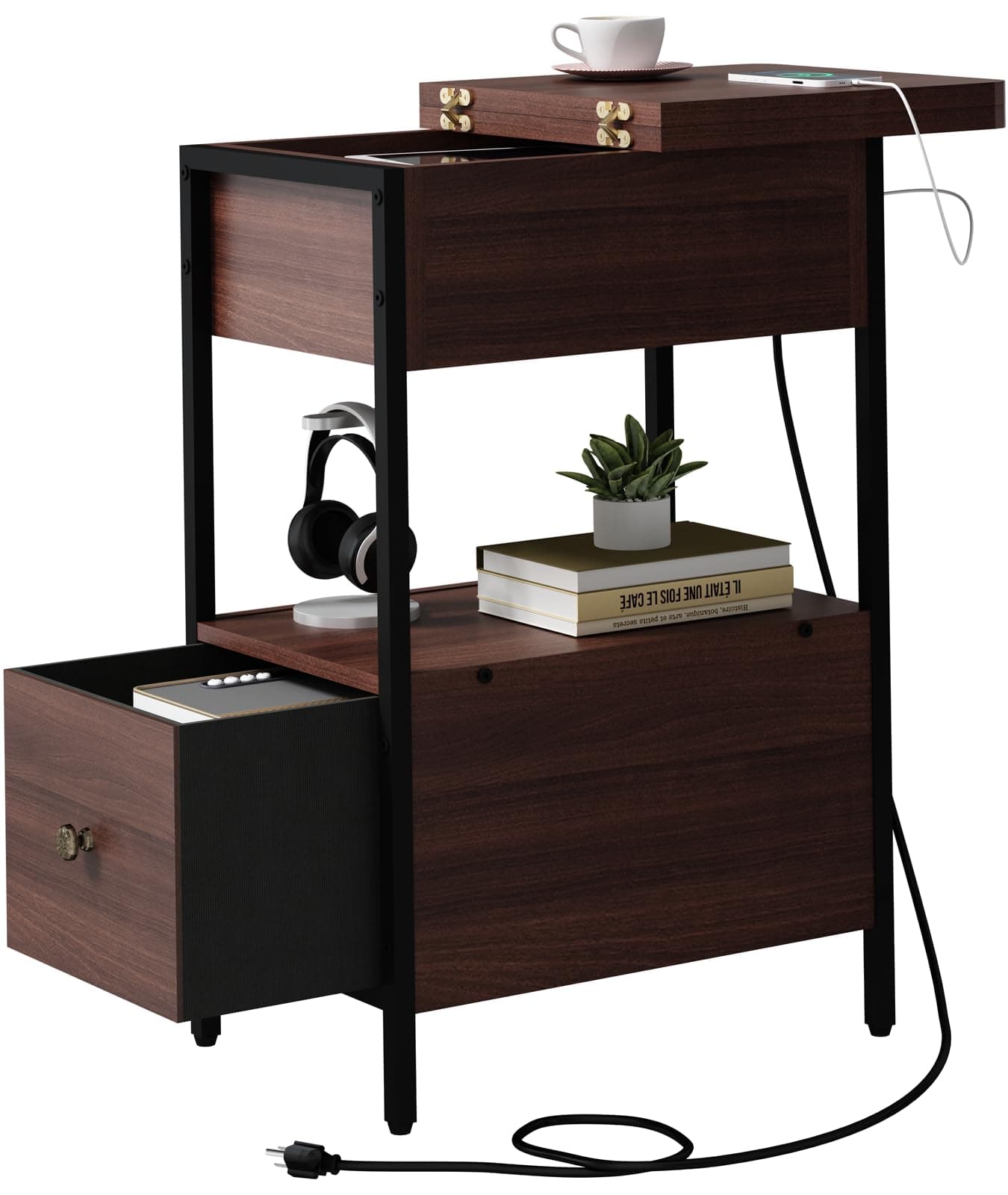 SOOWERY End Table with Charging Station, Narrow Side Table with Flip Top Cabinet and Fabric Drawer, Nightstand Bedside Tables for Small Spaces, Bedroom, Living Room, Dark Cherry