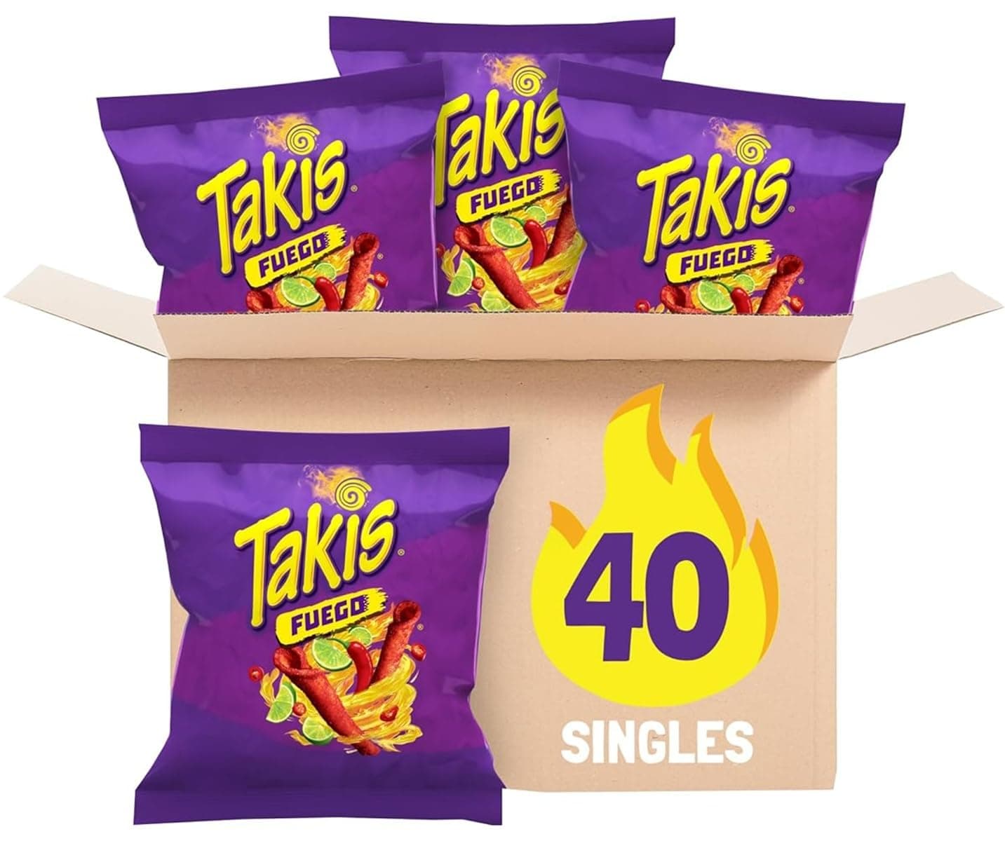 Fuego 40 Count Snack Size Multipack - Extreme Spicy Rolled Tortilla Chips Hot Chili Pepper & Lime Flavored