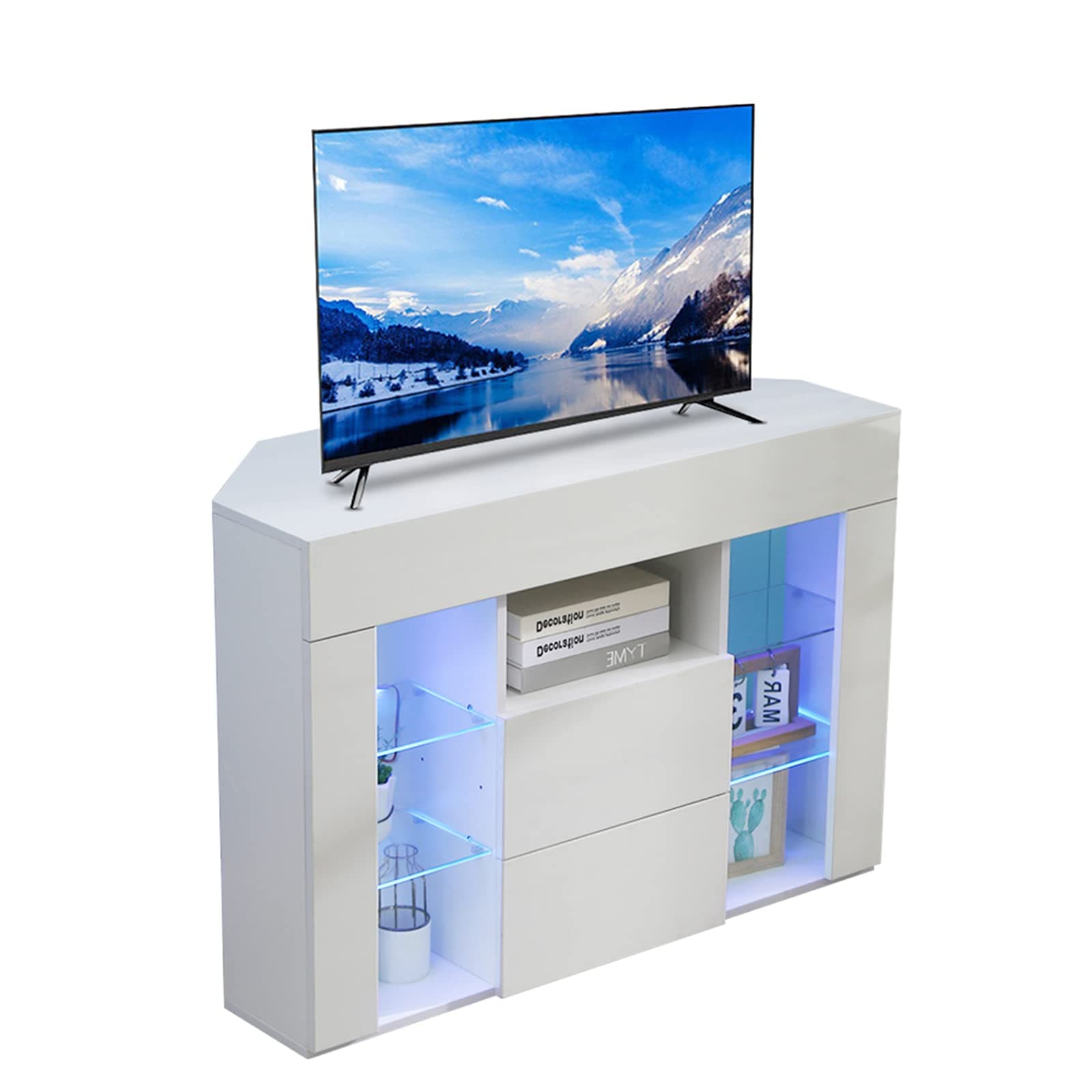 Dripex Corner TV Unit Entire Front High Gloss TV Stand Cabinet Cupboard Storage Furniture for Home Living Room Bedroom 100CM with RGB Lights for 32 40 45 50 inch TV - White