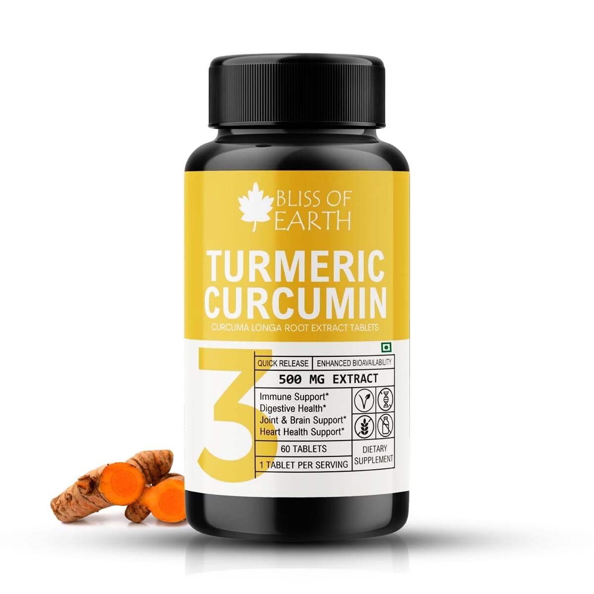 Turmeric Curcumin Tablets, 95% Curcuminoids, 500 mg Extract (Equivalent to 3700 mg Root Powder) High Potency, Quick Release & Enhanced Bioavailability., 60 Tablets