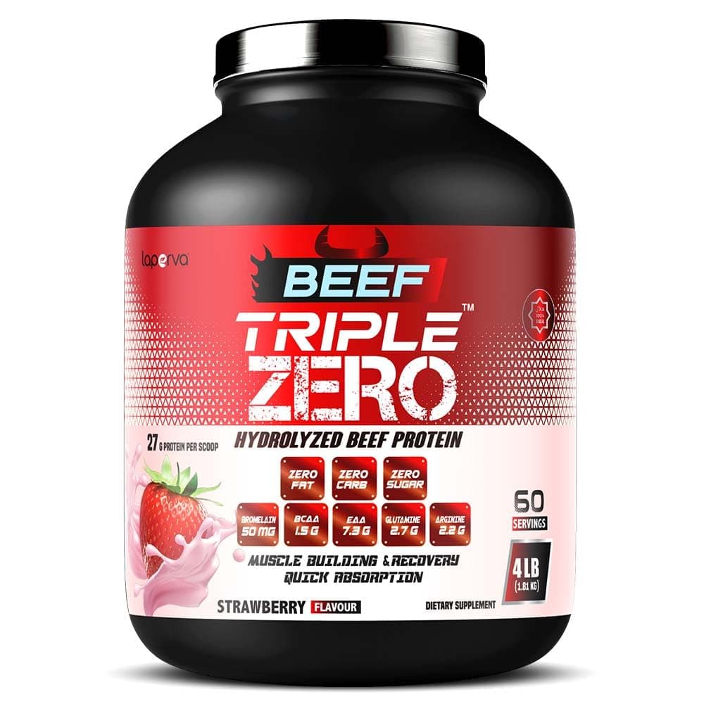 Laperva Beef Triple Zero Hydrolyzed Protein Powder - ZERO FAT, CARB & SUGAR - 86% Protein - With BCAA & Glutamine - Muscle Growth Recovery & Digestive Support (4 LB, Strawberry)