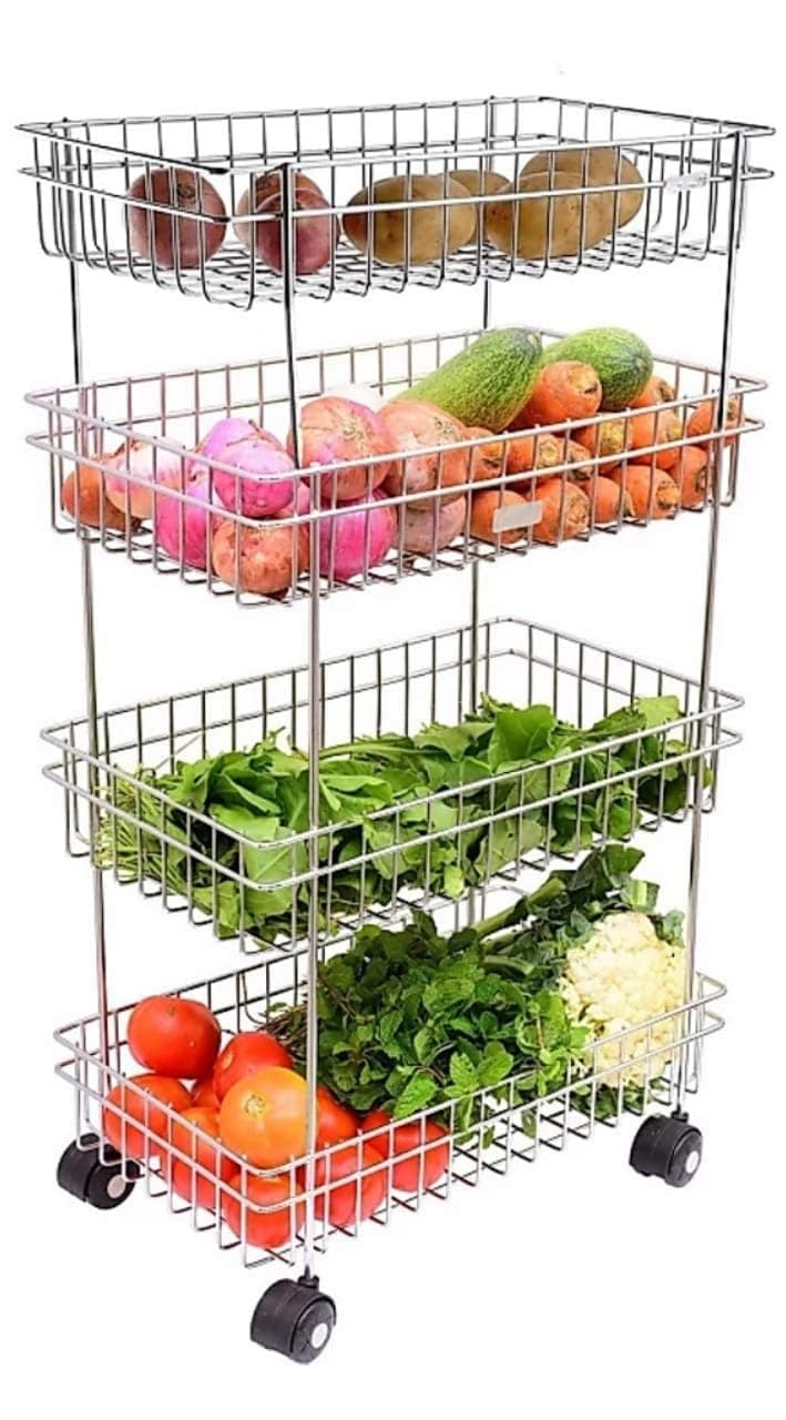 Stainless Steel Modern Kitchen Storage Rack, Folding Perforated Design Trolley for Spice, Fruits, Vegetable, Onion, Potato, Organizer Stand with Wheel, 4 Layer Trolley