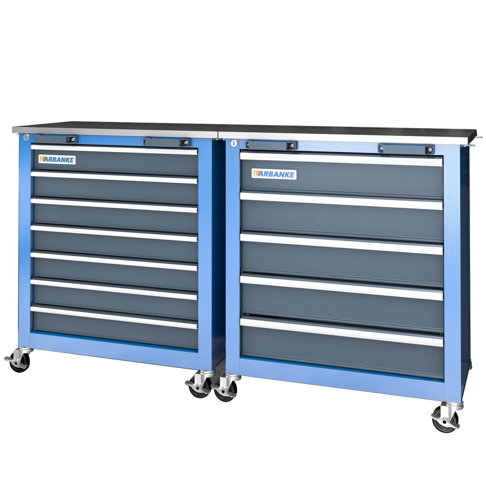 Combination Tool Cabinet and Chest - 7+5 Drawer Tool Chest for Connected Use, Rolling with 360 Brake Wheels and Padded Feet, Blue