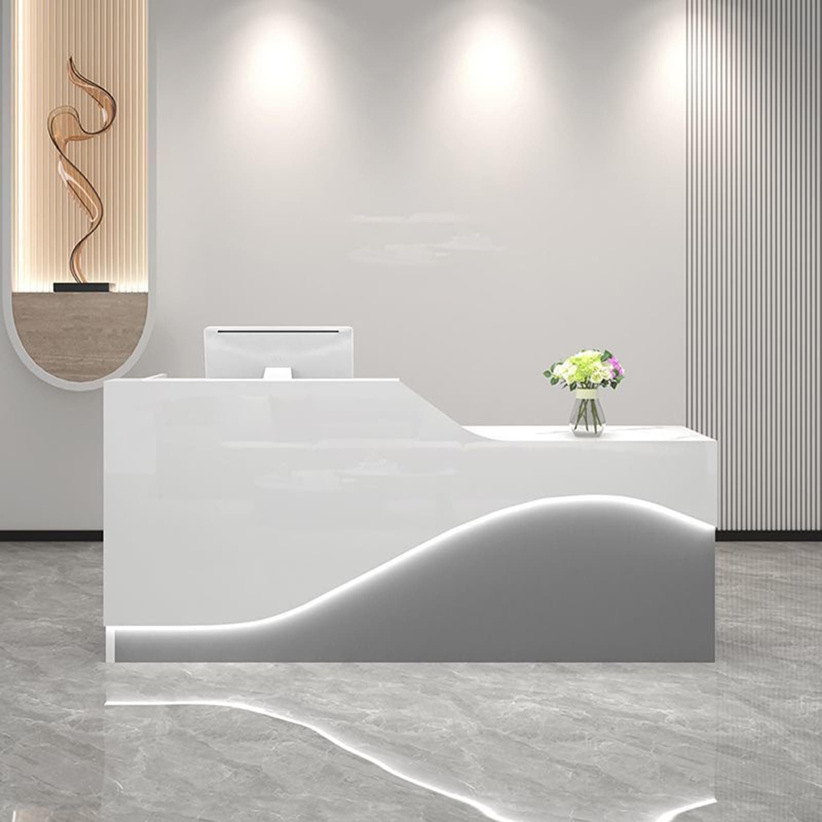 Front Desk Reception Counter, Front Counter Desk with Lockable Drawer, Reception Counter, Modern Retail Counter for Checkout Office/Beauty Salon/Lobby C-Right(White+Grey-L,Medium)