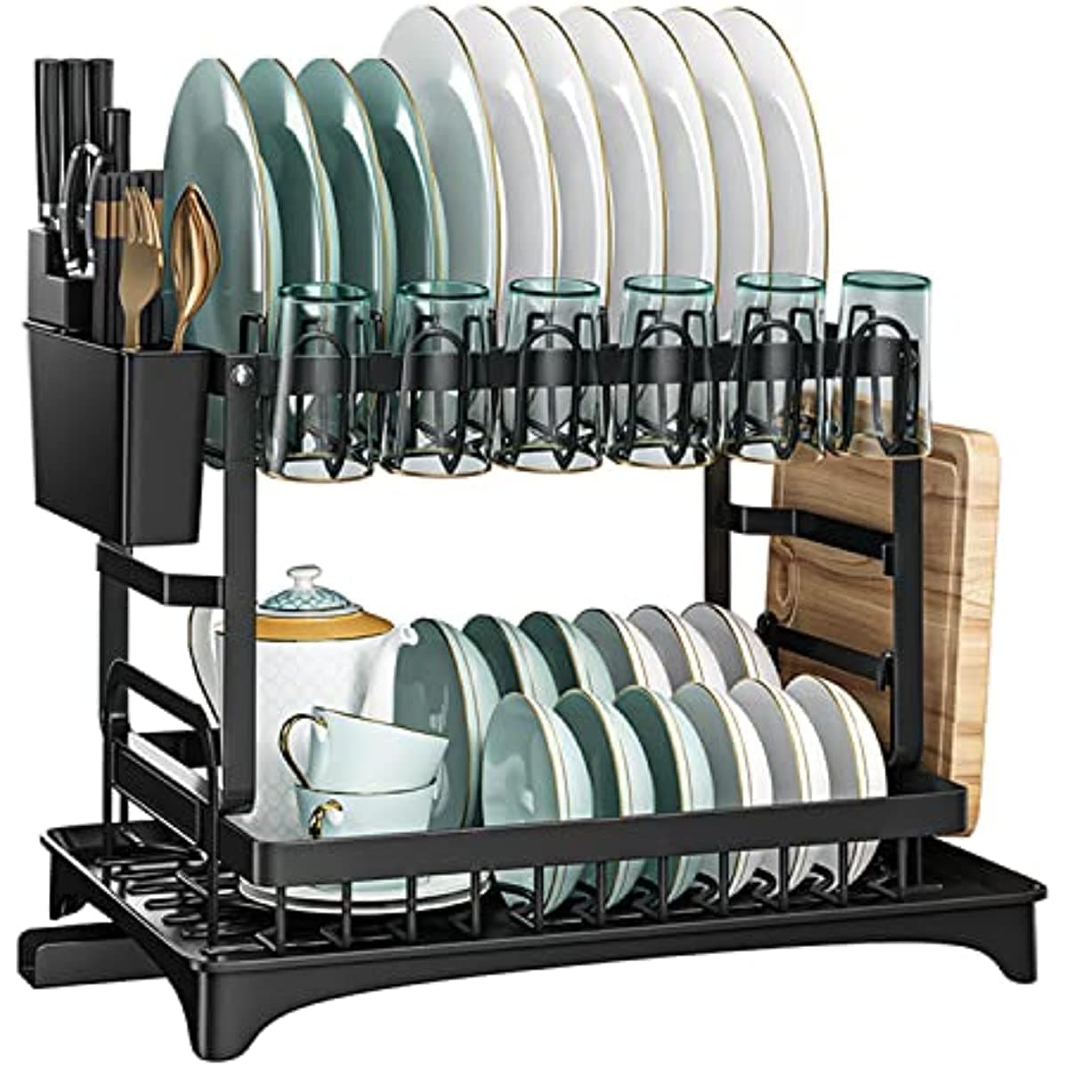 Dish Rack,2 Tiers Dish Drying Rack with Drainer Cutting Board Cutlery Holder Dish Drainer for Small Kitchen Counter Space (Black, 42 x 29 x 29 CM)