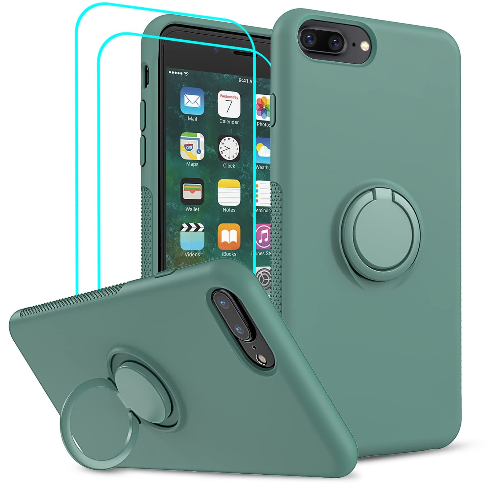 LeYi for iPhone 8 Plus Case, iPhone 7 Plus & 6s Plus Case, with 2 Glass Screen Protectors, Liquid Silicone Gel Rubber Soft Shockproof Case, Green