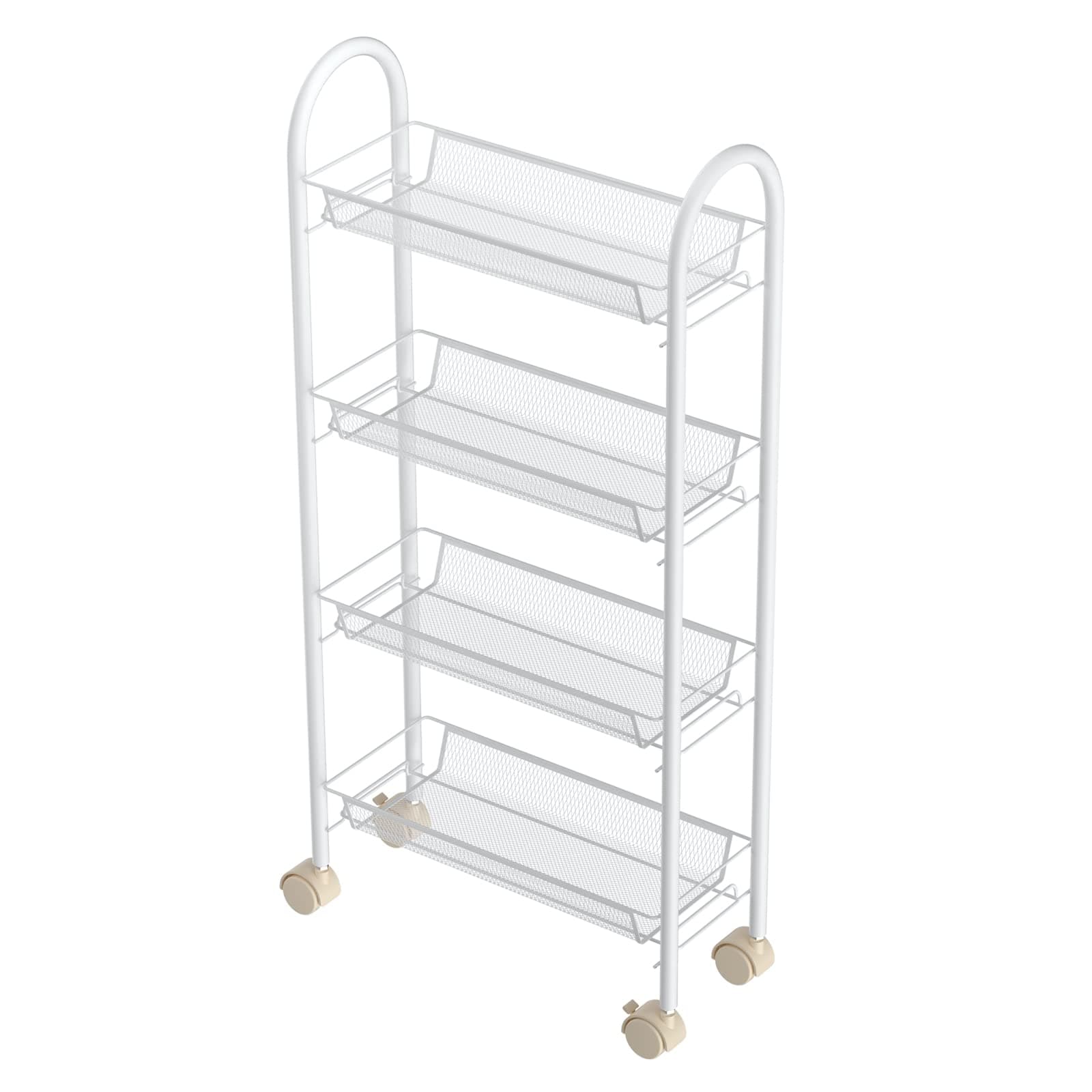 SINGAYE 4 Tier Slim Rolling Cart Kitchen Storage Organizer Mesh Wire Storage Carts with Lockable Wheels(Rolling Slim Cart-4 Tier White)