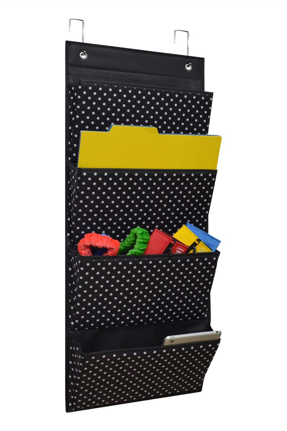 Fabric Over Door Document Organizer Hanging Wall file Organizer Wall Mounted Folder Storage Holder for Office Classroom Home,4 Large Cascading Pockets,2 Over Door Hooks Included,Black Polka Dot