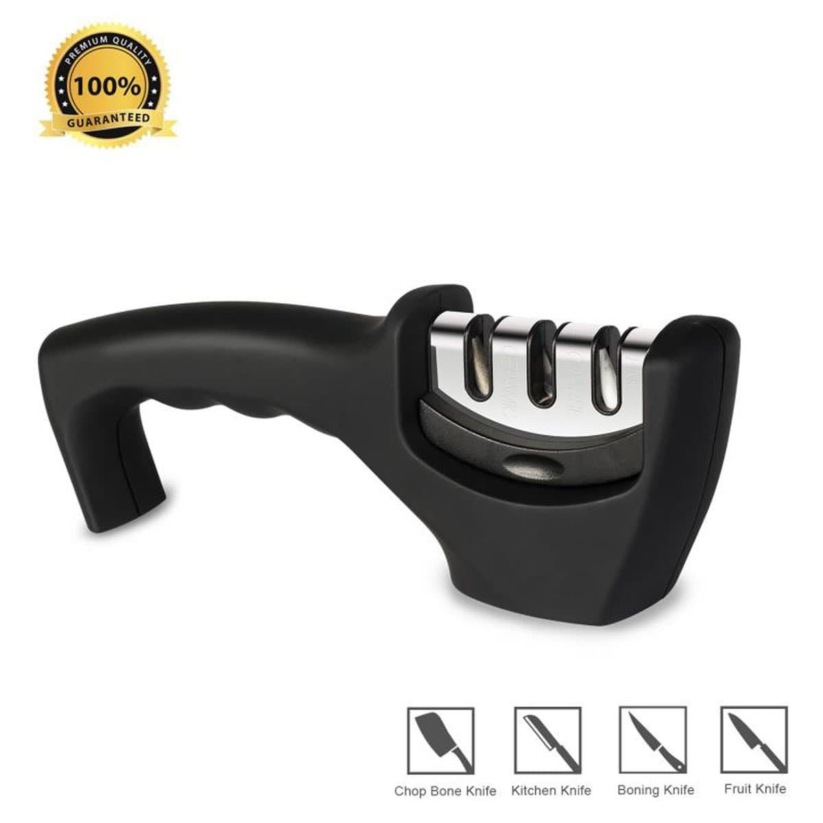 Knife Sharpener - 3-in-1 Manual Kitchen Knife Sharpener for All-Sized Household Knives, 3 Stage Manual System for Professional Results - Ceramic Stone, Tungsten Carbide Plates, Diamond Rod