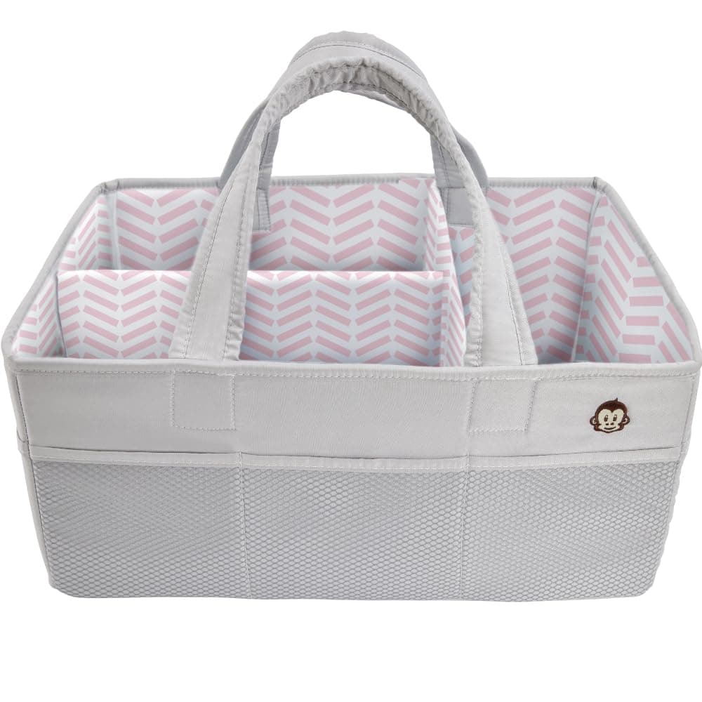 MIGHTY MONKEY Oversized Stain Resistant Baby Diaper Caddy Organizer with Handle, Adjustable Mesh Storage Bin Compartments for Diapers, Baby Wipes, Newborn Changing Table Nursery Essentials, Gray Pink