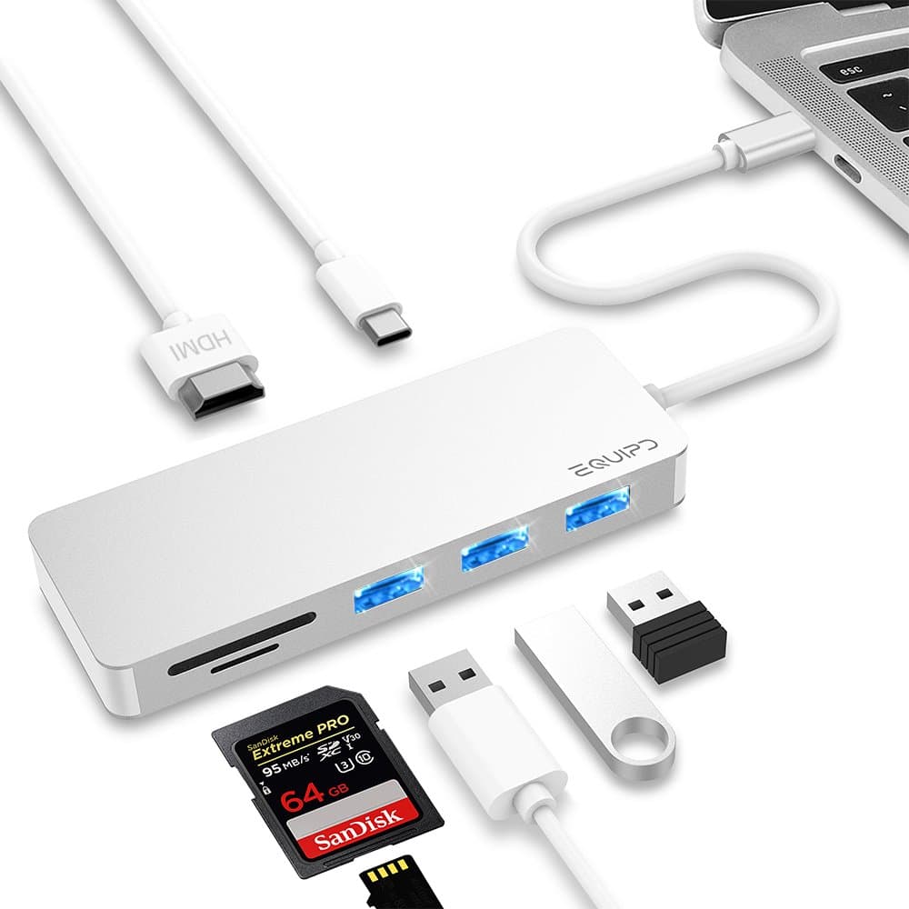 USB C Hub, EQUIPD 7 in 1 Aluminum Type C Adapter USB C Charging Port, 4K HDMI Output, 1 USB 3.0/2 USB 2.0 Ports, SD/microSD Card Reader Compatible MacBook Pro 13" 15", MacBook Air and More - Silver