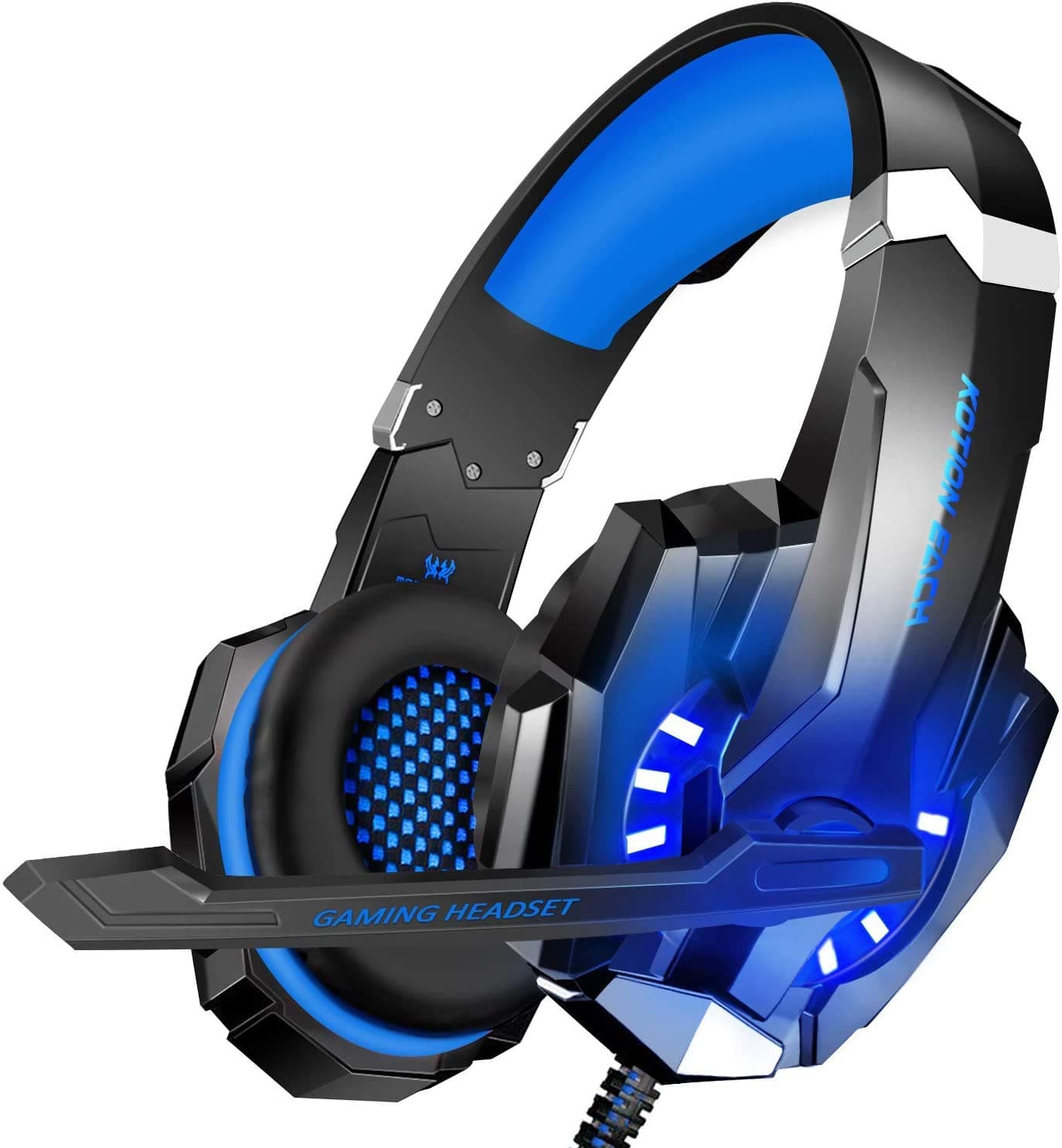 Stereo Gaming Headset for PS4, PS5, PC, Xbox One, Noise Cancelling Over Ear Headphones with Mic, LED Light, Bass Surround, Soft Memory Earmuffs for Laptop Nintendo Switch Games (Blue)