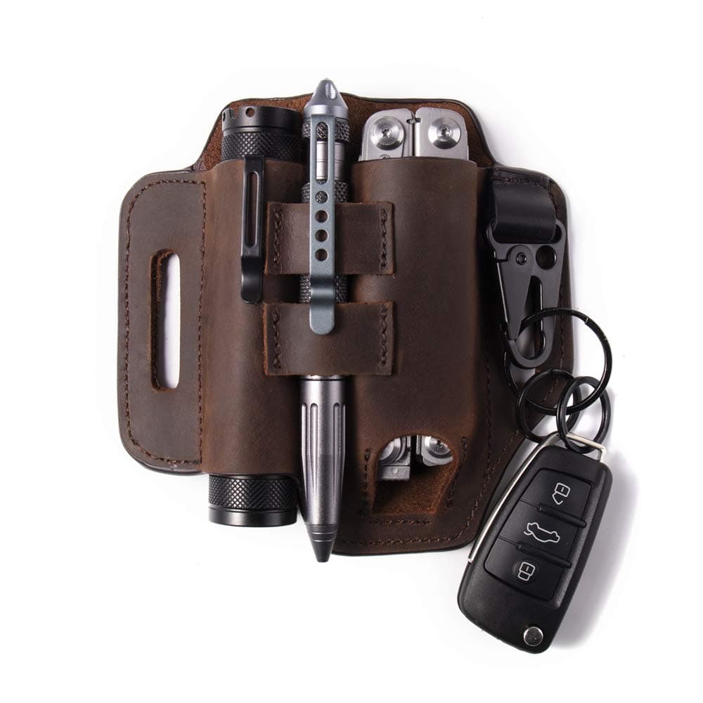 Multitool Belt Sheath, EDC Leather Belt Organizer, Belt Holder with Multitool Pouch, Flashlight Holder, Pen Holder and Keychain Clip, Practical EDC Belt Pouch for Men