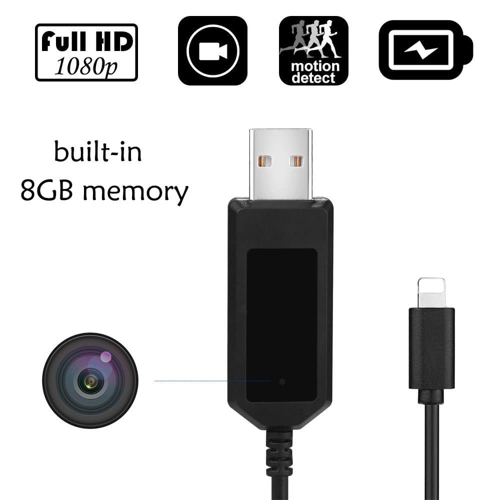 1080P Mini Camera 8GB USB Cable Hidden Camera Indoor USB Wall Charger Camera USB Cable Indoor Portable HD Nanny Cam/Pet Camera with Motion Detective,USB Port,Easy to use