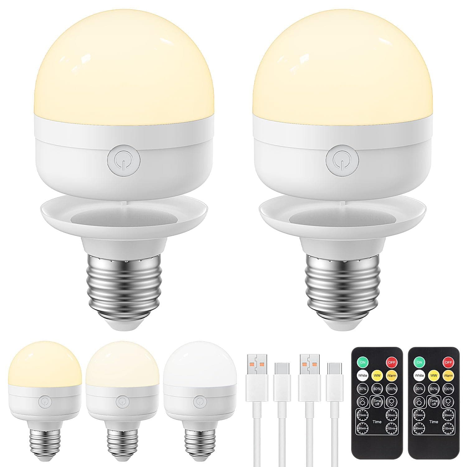 USB Rechargeable Light Bulb with Remote Control Timer and 3 Colour Temperatures, 5W Dimmable Battery Powered Light Bulbs E27 Detachable Charging LED Bulb for Non Hardwired Lamps, Wall