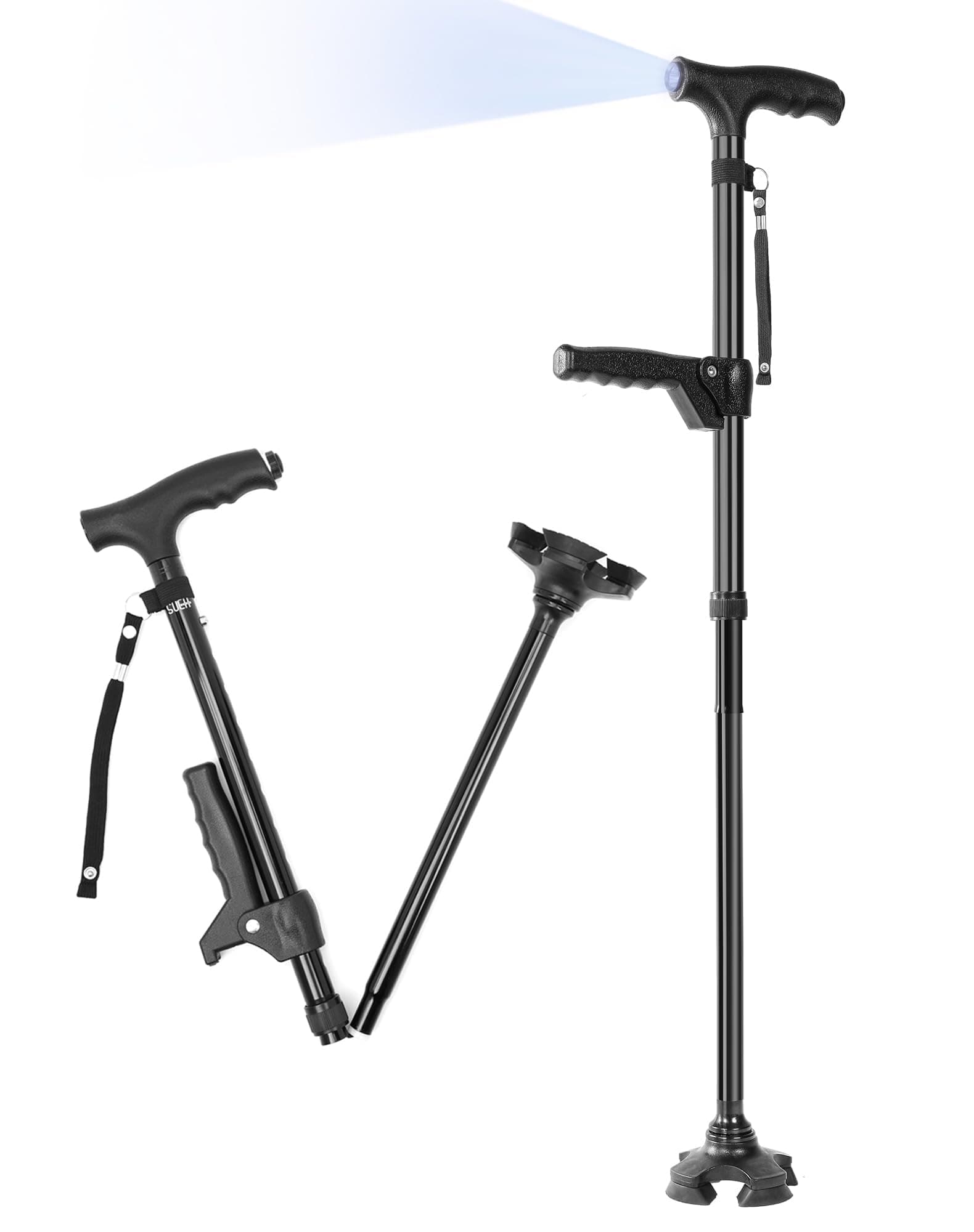 SUEH Design Folding Walking Cane with LED Light for Men and Women, Adjustable Collapsible Elderly Walking Stick with Side Handle, Black