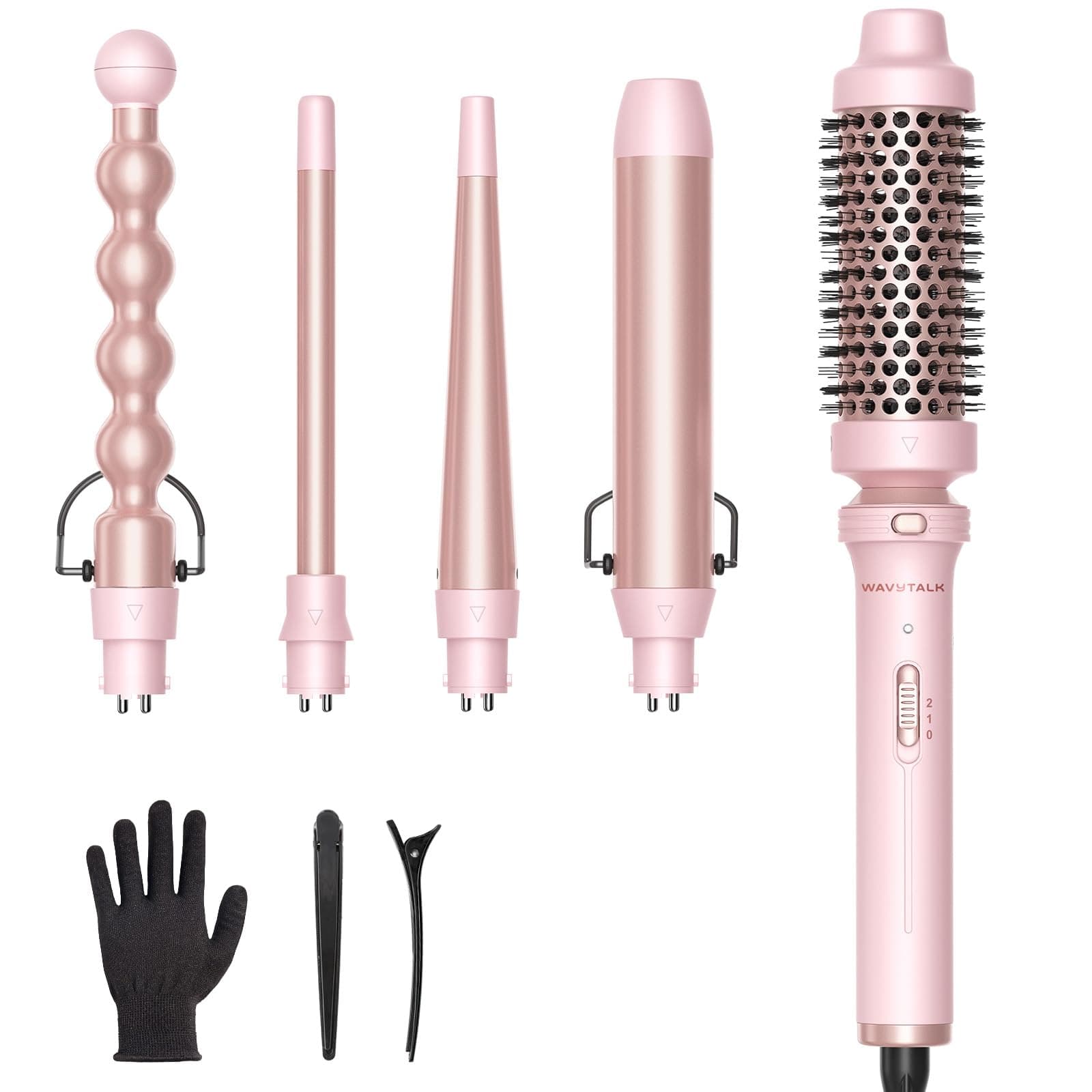 5 in 1 Curling Iron Set With Brush and 4 Interchangeable Ceramic Wands (0.5"-1.25"), Instant Heat Up, Heat Protective Glove & 2 Clips (Pink)