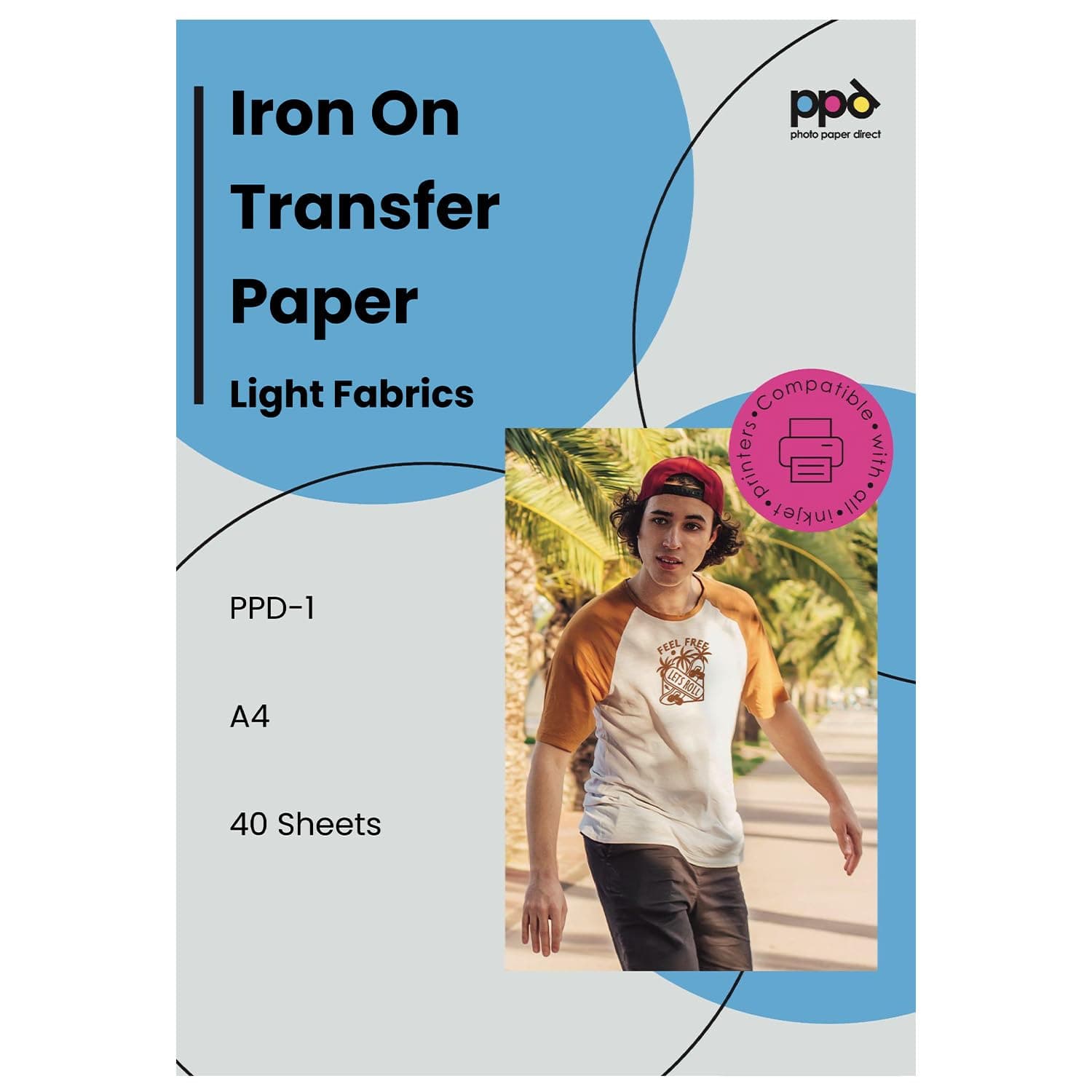 PPD Iron on Transfer Paper for Inkjet Printer for Light Fabric, A4, 8.5 x 11 Printable Paper for Clothing, T Shirts and Cotton Textiles, Print and Cut Heat Transfer, DIY at Home, Washable (40 Sheets)