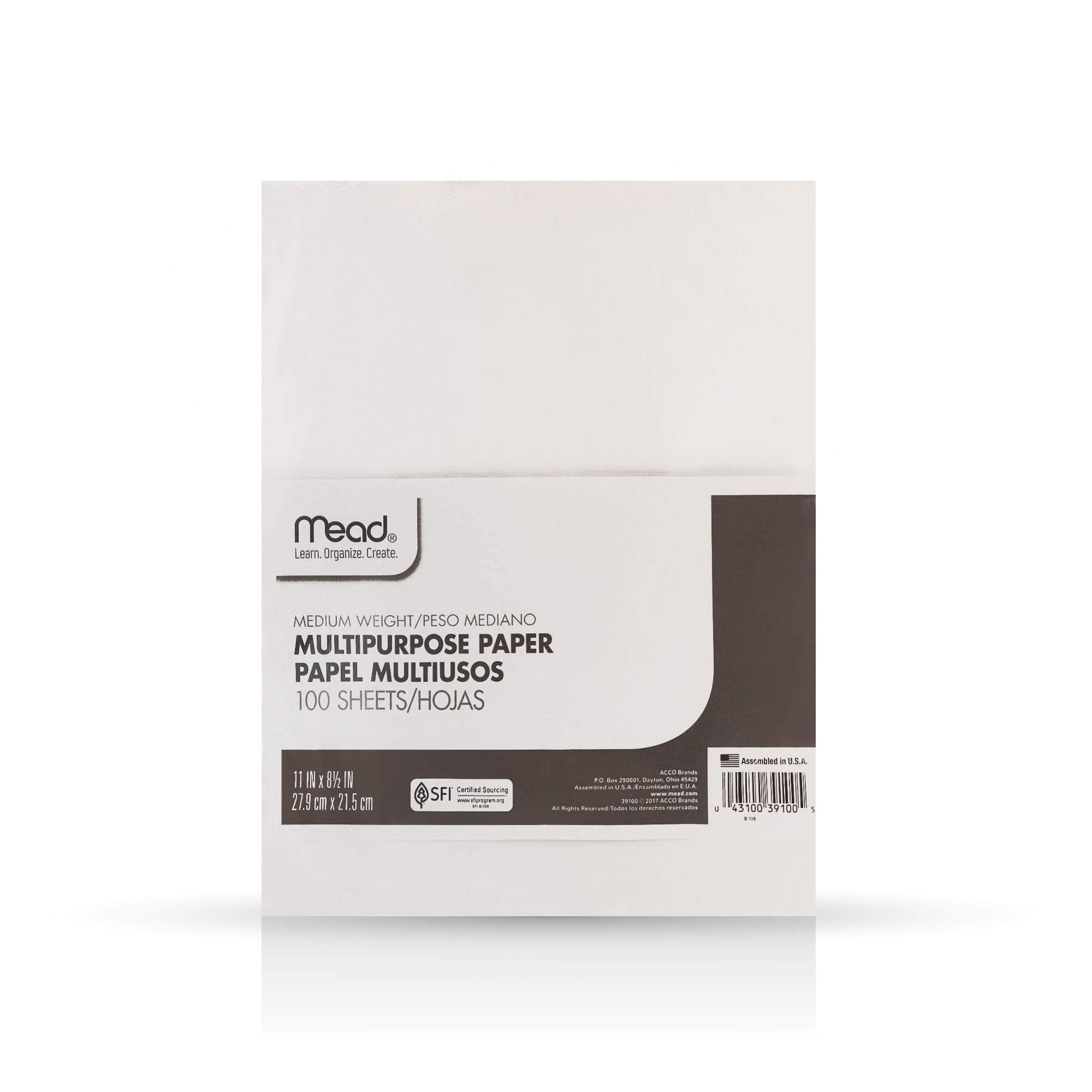 Mead Paper Multi-Purpose Typing Paper, 8-1/2" x 11", White (39100), 100 Sheets