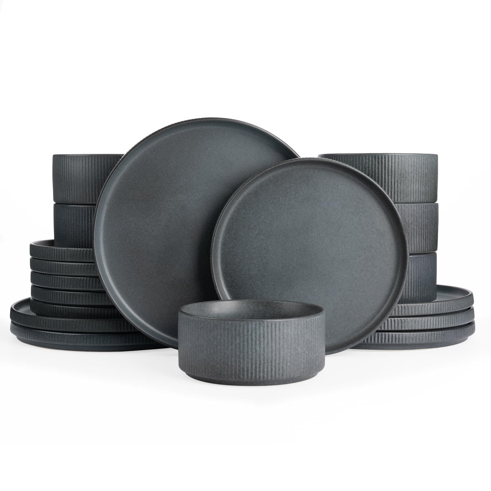 famiware Star Plates and Bowls Sets, Modern Stoneware Dinnerware Sets for 6, 18-Piece Kitchen Dish Set - Chip and Scratch Resistant, Microwave and Dishwasher Safe Tableware, Matte Dark Charcoal