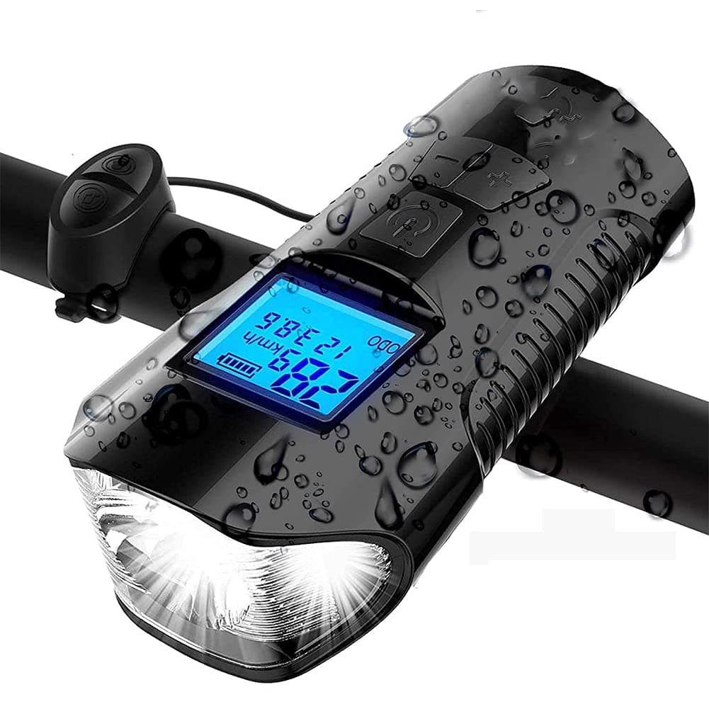 Bicycle Light Set with Horn and Speedometer, USB Rechargeable LED Bike Front Light & Tail Light,IPX5 Waterproof,4 Lighting Modes Super Bright,Fits All Mountain & Road Bike