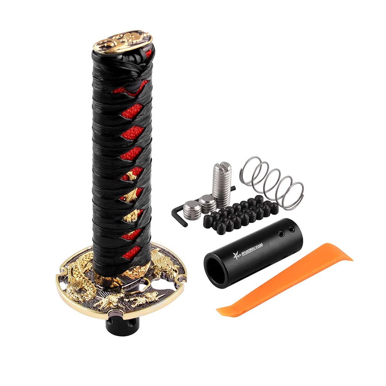 RYANSTAR Samurai Sword Automatic Shift Knob Universal Compatible with Lock/Button Automatic Transmission,Cool Katana Gear Shifter Metal Weighted Black&Red