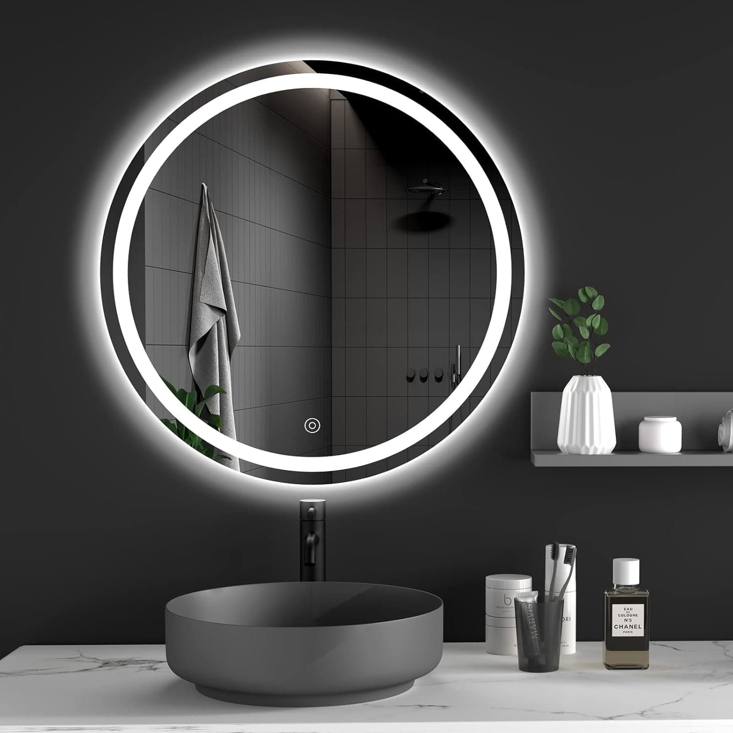 Round Frameless Bathroom Mirror,Wall Mounted Vanity Mirror,Dimmable,Anti-fog,Touch Sensor Switch,Illumated LED Lighted Makeup and Shaving Mirrors (Color : 3 light, Size : 70 * 70cm)