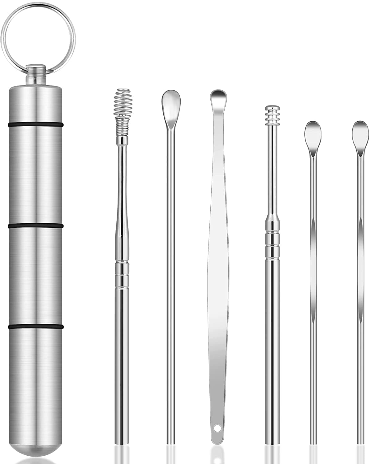 First Try 6 Pcs Ear Cleansing Tool Set with Keychain Box | Earwax Removal Kit | Stainless Steel Ear Curette and Spring Ear Buds Cleaner with a Cleaning Brush and Storage Box | Medical Grade
