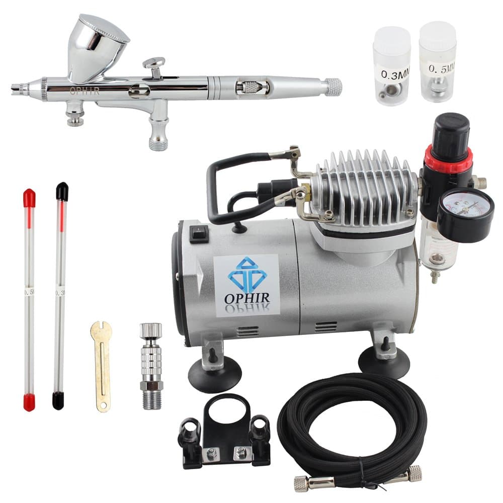 OPHIR Pro 3 Tips Dual Action Airbrush Gravity Paint Gun Kit with Compressor 110V for Nail Art Paint Temporary Tattoo