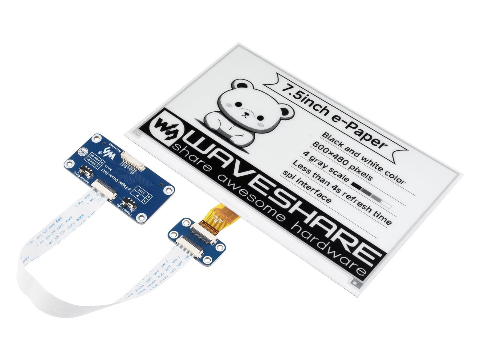 waveshare waveshare 7.5inch E-Ink Display HAT for Raspberry Pi 640x384 Black White Two-Color Display Screen SPI No Backlight Ultra Low Consumption