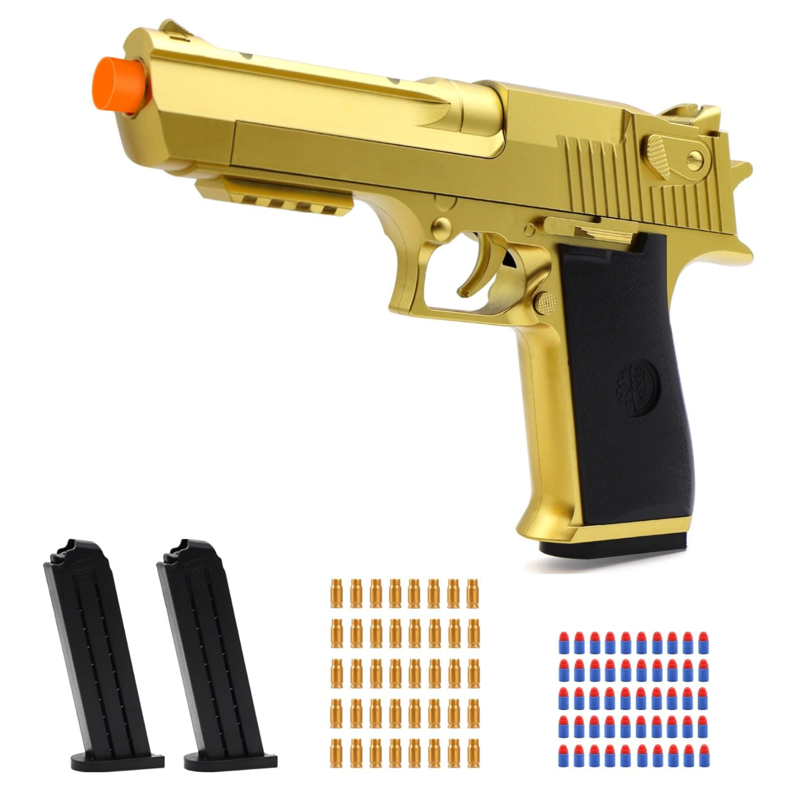 - Gold Soft Bullet Toy Gun Shell Ejecting for Boys, Shooting Game Toy Pistol with 50 Foam Bullets, 40 Shells & 2 Clips, Ideal Christmas Birthday Gift for Boys Adults