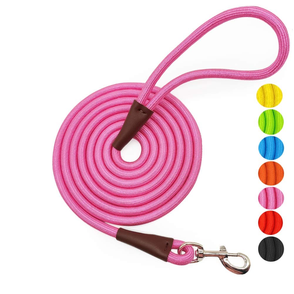 MayPaw 4/6/8/10FT Dog Lead, Classic Solid Colors Rope Leash, Strong Nylon Rope Dog Lead Reinforced with Leather Tailor Connection Heavy Duty Silver Clasp, Pink