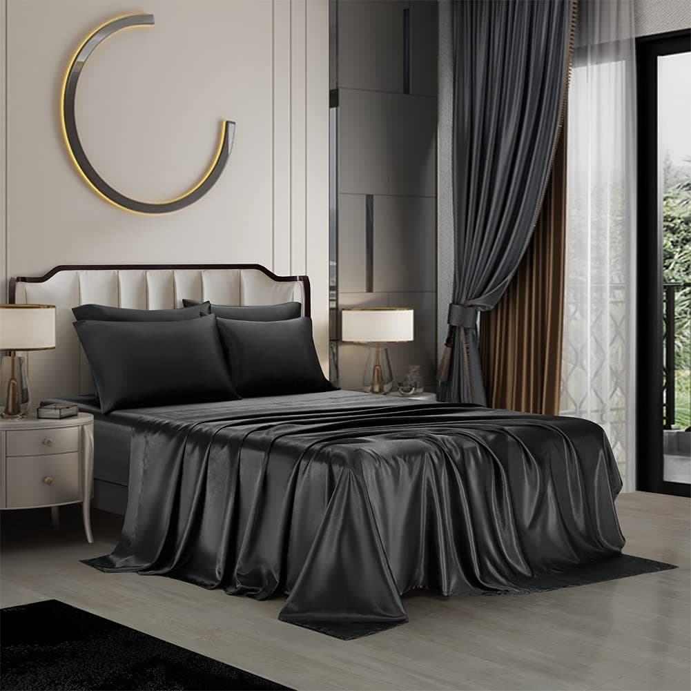 AiMay6 Piece Satin Bedding Sheet Set King Black Deep Pocket 1800 Series Luxury Rich Silk Silky Super Soft Solid Color 4 Pillowcases Reversible Sexy Honeymoon Wrinkle Free (King, Black)