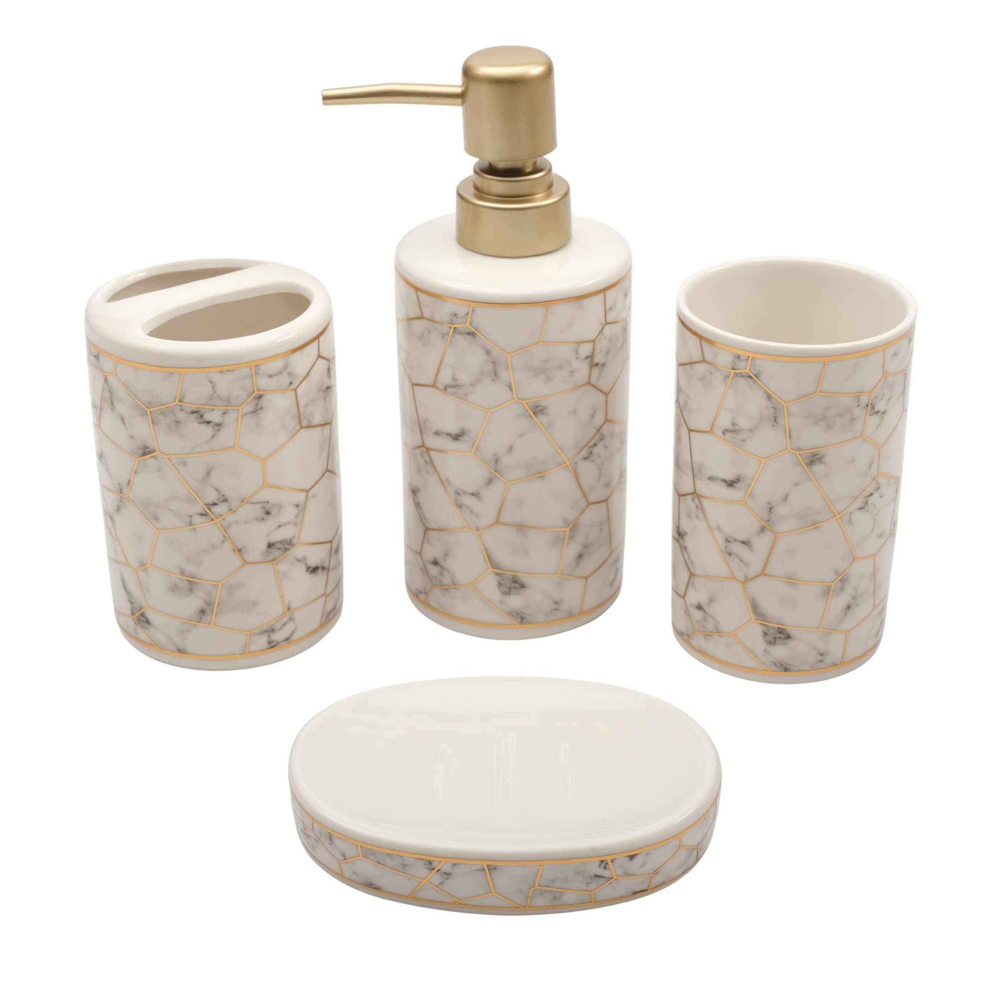 STORE 2508 Ceramic 4 Pcs Bathroom Set Liquid Soap Dispenser Soap Dish Toothbrush Holder And Tumbler (White)