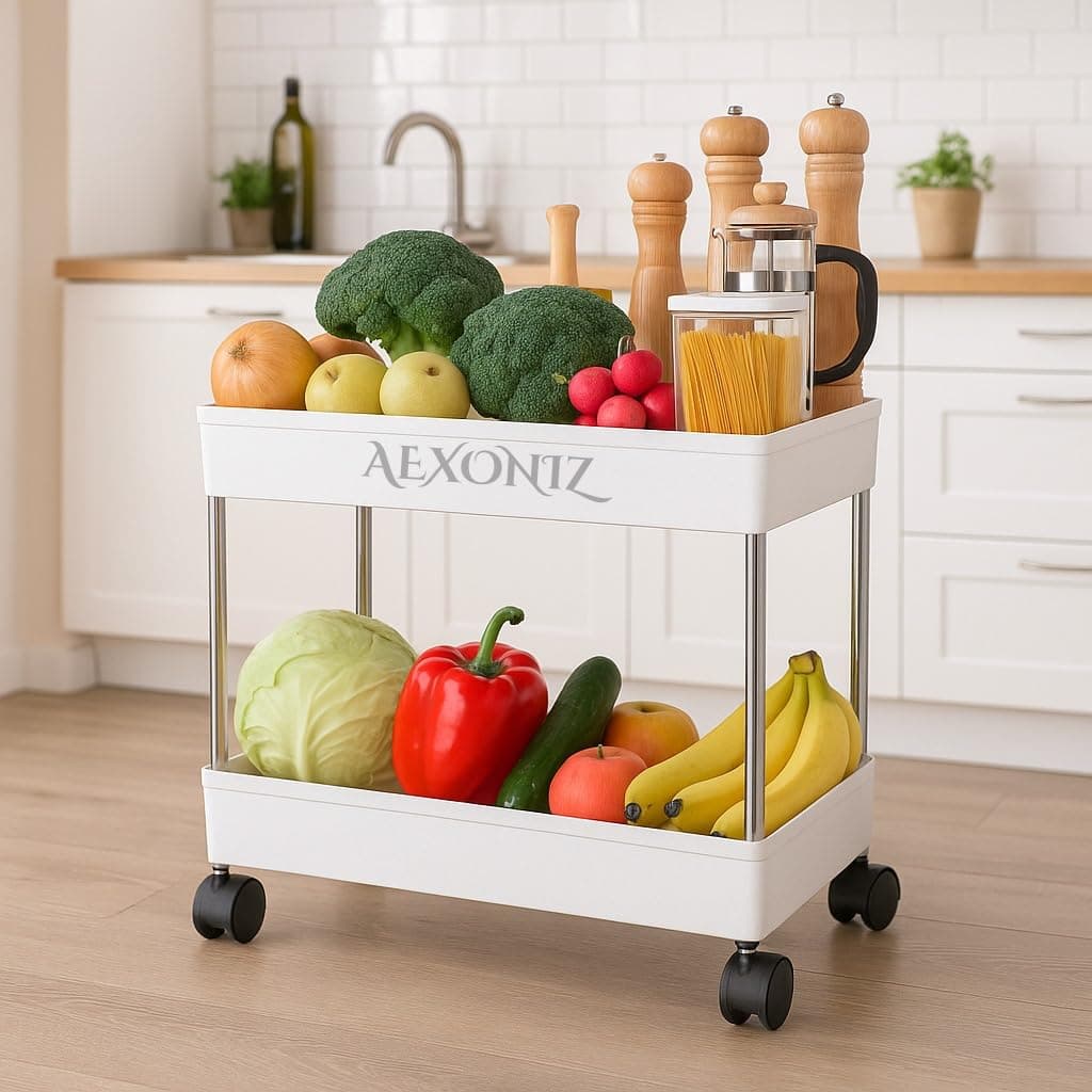 AEXONIZ TOYS 2-Tier Space Saving Storage Rack Organizer Multifunctional Plastic Kitchen cart Trolley Storage Rack Bathroom Storage Rack with Wheel(White, 2 Layer)